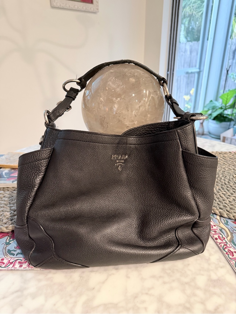 Prada Black Textured Leather Shoulder Tote